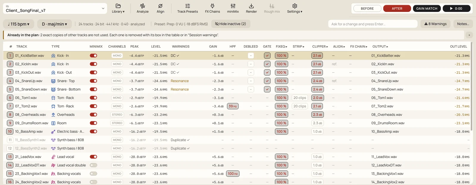 TapeLeader's main window: one row per track with its type, level, warnings and a column per process (gain, HPF, DeBleed, gate, FixEQ, Strip, Clipper, Align, FX Chain, output name)